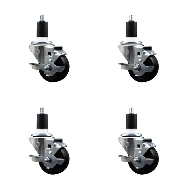 Service Caster 3'' SS Soft Rubber Swivel 1-1/2'' Expanding Stem Caster Set with Brake, 4PK SCC-SSEX20S314-SRS-TLB-112-4 - main